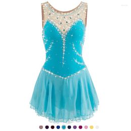 Stage Wear Light Blue Figure Skating Dress With Jeweled Rhinestone For Women Girls Sleeveless Ice Competition Clothing