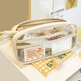 Transparent Large Capacity Pencil Bag Aesthetic School Case Girl Stationery Holder Box Zipper Pouch Supplies