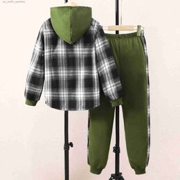 Clothing Sets Boys' Long Sleeve Autumn Casual Checker Contrast Hoodie Set Shirt Suit Old Summer Fashion Causal Children Suit R231106