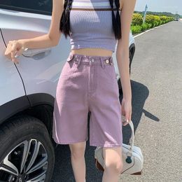 Women's Shorts ZEONVA Purple Pink Korea Fashion Chic Straight Loose Women Jeans Summer High Waist Pockets Female Wide Leg Denim