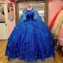 Navy Blue Ball Gown Quinceanera Dresses Beads Sweetheart 3D Floral With Cape Brithday Dance Party Vestidos De Quinceanera