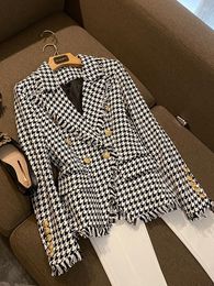 Women's Suits Retro Black White Houndstooth Coat Double-breasted Long Sleeve Tweed Women Casual Jacket Office Blazer