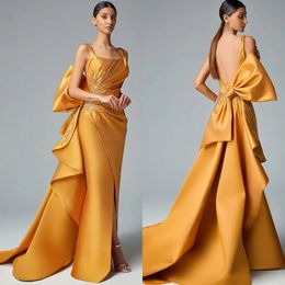 Elegant Gold Satin Mermaid Evening Dresses Lace Pleats Arabic Backless Prom Gowns Formal Party Dress Big Bow