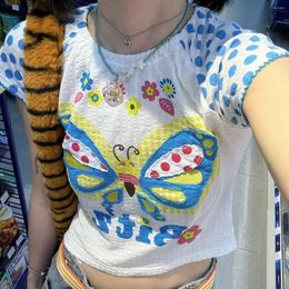 Women's T Shirts 2000S Tie O Neck Short Sleeve Butterfly Print Women Graphic Harajuku Fairy Grunge Streetwear Y2k Top