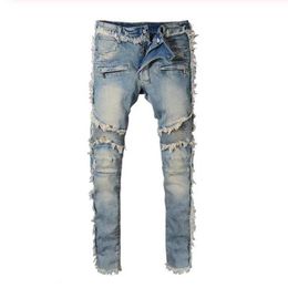 Men's Jeans Vintage Washed Denim Fringe Biker For Moto Fashion Slim Fit Straight Patchwork Pants Big Tall Trousers 8818Men's