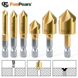 Drill Bits FivePears Countersink Drill Bit 6Pcs Chamfer 90° HSSSuitable for WoodPlasticAluminum Alloy Woodworking Tools Countersink 230404