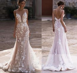 Floral Princess Lace Wedding Dress Beach Women Illusion Back Appliques V-Neck Mermaid Bridal Gown Tulle Vestidos Custom