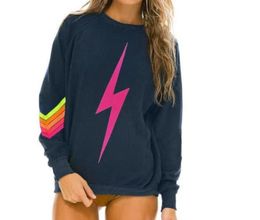 Frühling Dünnes Sweatshirt Frauen/Mädchen Oansatz Regenbogen Streifen Blitz Druck Langarm T-Shirt Mode Europa-USA Stil