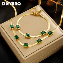 Necklace Earrings Set DIEYURO 316L Stainless Steel Square Luxury Green Crystal Bracelets For Women Girl Fashion Non-fading Jewellery Bijoux