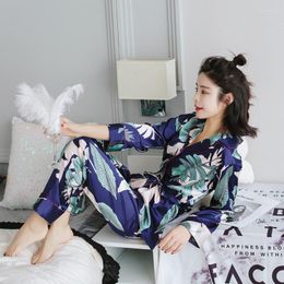 Women's Sleepwear 2023 Autumn Women's Pyjamas Sets With Flower Print Fashion Luxury Female Faux Silk Two Pieces Shirts Pants Nighties