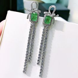 Stud Earrings S925 Silver Bow Tie Inlaid With Emerald Luxury Micro Diamond Smart Female