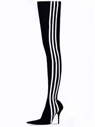 Stiefel Stil Knie 2024 Neue Schaffell Leder-Plünderung Zehenhöhe-hohe Stiefel Casual Dress Schuhe Stiletto Heels Elastische Baumwolle farbenfrohe gemischte Farbstreifen Siz