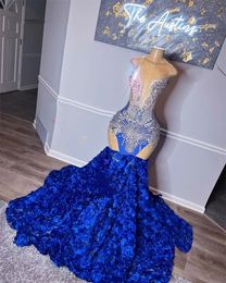 Sexy Royal Blue Mermiad Prom Dresses For Black Girls Crystal O Neck Beading Graduation Party Gowns Vestidos