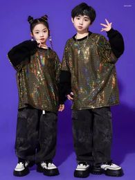 Stage Wear Children Gold Sequin Tops Black Pants For Boys Hip Hop Costume Girls Jazz Dance Performance Clothes Group BL11924