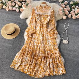 Party Dresses Spring Bohemian Chiffon Floral Dress Stand Collar Long Sleeved Lace Thin Big Swing