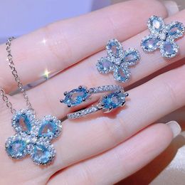 Necklace Earrings Set Korean Exquisite Micro Inlaid Aquamarine Three-Piece Jewellery Temperament Blue Necklaces Luxury Charm Rings Pendant