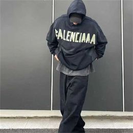 Balencaigaa Bale Parisian Home American Pattern Paper Tape Letter Hooded Sweater Made of Pure Cotton Old Pullover Print Unisex