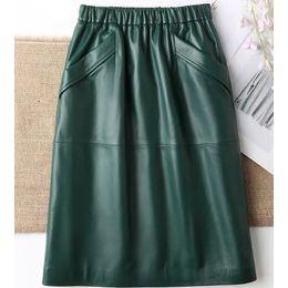 Skirts Leather with Pockets Women's Midi Leather Women's True Black and Green Sheepskin Leather Pencil Skirt High Waist 230406
