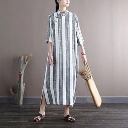 Casual Dresses Johnature Women Striped Cotton Linen Stand Seven Sleeve Cheongsam 2023 Summer Button Vintage Chinese Style A-Line DressCasual