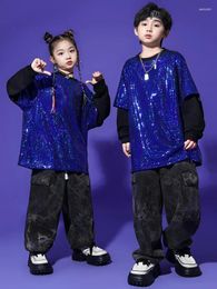 Stage Wear Ballroom Hip Hop Dance Costumes For Kids Blue Sequins Tops Cargo Pants Suit Girls Jazz Rave Clothes Streetwear DN16531