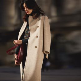 Women's Wool & Blends Winter Long Coat Ladies Coats Women Korean Double Breasted Designer Alpaca Brown Belt Woolen Luxury Parka
