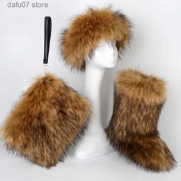 Boots 3pcs/set 2023 Winter Fur Boots Women Luxury Faux Fox Furry Fur Snow Boots Female Outdoor Mid-calf Thick Cotton Boots T231106