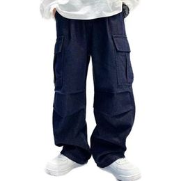 Jeans Teenage Boys' Wide Leg Pants Korean Style Fashion Spring Summer Autumn Pure Cotton Straight Jeans Children's Casual Deep Blue Denim Trousers 230406