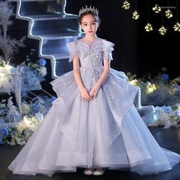 Girl Dresses Fashion Ball Gown Baby Flower Sequins Court Train Children Wedding Birthday Prom Party Gowns