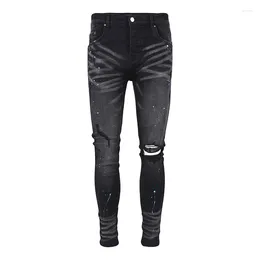 Men's Jeans AM 2023 Streetwear Ripped Tie-Dye Printed Stretch Skinny Pants Casual Black Slim Fit Pencil Trousers