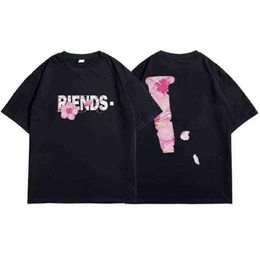 Vlones Designer European and American Fashion Brand Sakura Big v Cherry Printed Short Sleeve Pure Cotton Quality Hip Hop Men Women199c