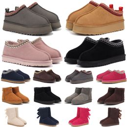 Designer-Australien-Ug-Stiefel, klassische Damen-Tasman-Ultra-Mini-Stiefel, Australien-Winterschnee-Fell-Stiefeletten, rosa-schwarze kastanienbraune Schleife am Knöchel, warme, flauschige Damen-Hausschuhe