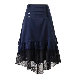 Skirts Fashion Vintage Women Gothic Steampunk Skirt 2023 Black Lace Patchwork Button Asymmetrical High Low Retro Midi