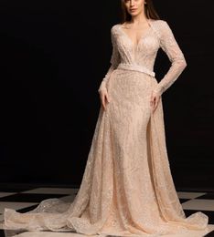 Champagne Mermaid Prom Dresses Long Sleeves V Neck Appliques Sequins Beaded Floor Length Detachable Train 3D Lace Evening Dress Bridal Gowns Plus Size Custom Made