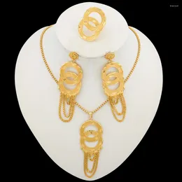 Necklace Earrings Set Exquisite Gold Colour Jewellery For Women Dangle And Pendant With Ring Bride 2024 Trend Jewellry