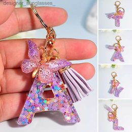 Keychains Lanyards Purple Snowflakes Butterfly A To Z Letter Keychain 26 Initials Alphabet Butterfly Tassel Pendant Key Chain Jewellery Women GiftL231107