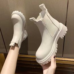 Boots New Autumn Winter Chelsea Boots Women Platform Brown Black Beige White Ankle Boots For Women Fur Short Chunky Punk Gothic Shoes AA230406