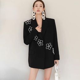 Women's Suits Fashion Runway Pearl Beading Shiny Blazer Coat Women Notched Single Button Loose Girls Black Outerwear Jacket Chic Female