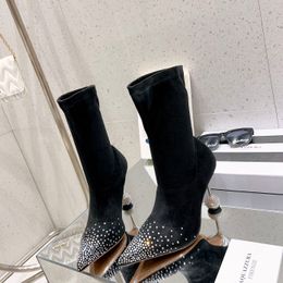 Aquazzura disco ball tipped heels calf Suede Rhinestone high heeled Ankle Boots Women's booties luxury designers slip-on evening party dress shoes factory footwear
