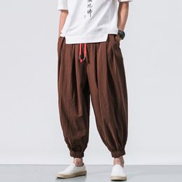 Men's Pants Men's Fashion Cotton Linen Casual Solid Loose Trousers Breathable Japanese Style Elastic Waist Back Pants Plus Size #g3 230407