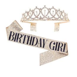 Other Event Party Supplies Bling Crystal Crown Tiara Birthday Anniversary Decoration Happy 18 21 30 40 50th Satin Sash 230406