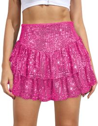 Women Sequin Skirt Sparkly Cute High Waist Ruffle Flowy Shiny Glitter Mini Short Skirts Night Out Club Party