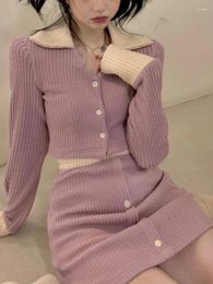 Work Dresses Purple French Vintage Two Piece Set Women Elegant Party Knitted Sweet Skirt Suit Female Autumn Korea Long Sleeve Slim Casual
