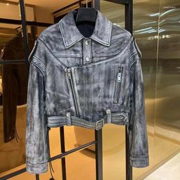 Women's Leather Women Coat Spring And Autumn Short Length 2023 Fashion Locomotive Model Luxury Sheepskin Jacket With Belt Ageing Process