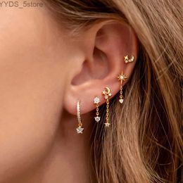 Stud Star Flat Helix Ear Lobe Cartilage Piercing Stud Earring Set for Women Tragus Rook Moon Pendant Chain Earing Chic New Jewelry YQ231107