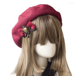 Berets Burgundy Mushroom Beret Bow Shield Black Red Gothololita Handmade Bud Hat