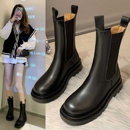 Stiefel Damen Chelsea Boots Schwarz Leder 2021 Herbst Winter Trend Dicke Sohlen Damen Stiefeletten Allgleiches Martin Boots Damen AA230406