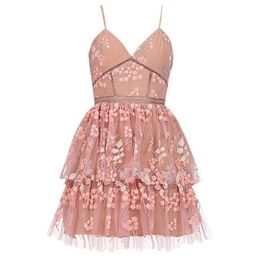 arrive Pink Floral-embellished Lace Dress Spaghetti Strap Backless Layered mesh Mini Women 210525234L