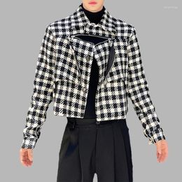 Men's Jackets Fashion Men Thousand Bird Plaid Jacket Zipper Lapel Long Sleeve Streetwear Korean Chic Casual Male Cropped Coats