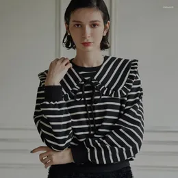 Women's Hoodies 2023 Women Autumn And Winter Retro Temperament Striped Doll Collar Lace-up Commuting Long-sleeved Sweatshirt