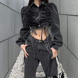 Women's T Shirts Ladies Spring Autumn Active Street Style Drawstring Fashion Denim Mujer Jacket Top Pleated Button Jeans JacketWomen's